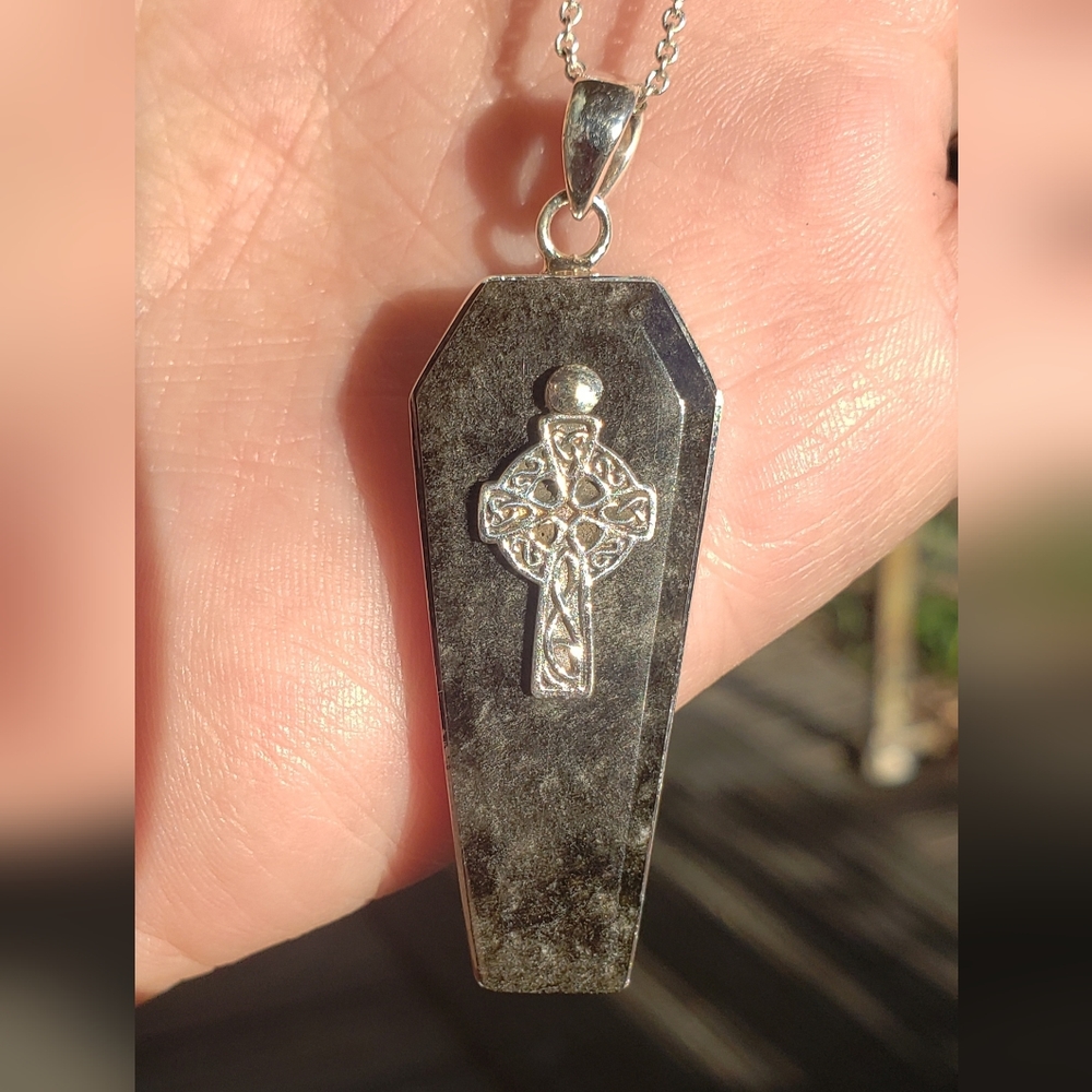 Black Obsidian Coffin w/ Celtic Cross Pendant Necklace ~ Solid 925 Silver